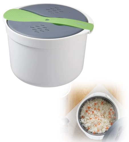 Ziyaeru Microwave Rice Cooker 2L Plastic Food Grade Microwave Cookware Non Stick Rice and Pasta Cooker Includes Rice Scoop Lid Strainer and Steaming Pot for Vegetable Dishwasher (Green)