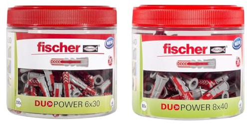 fischer DuoPower 6 x 30 & 8 x 40, handliche Runddosen mit 280 Universaldübeln für Wandanker aus Kunststoff