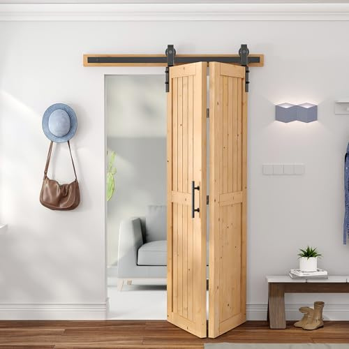 SANKEYTEW 48x84 Bi fold Barn Door with 52 Bifold Barn Door Hardware Kit for 2 Doors, No-Assembly Solid Spruce Wood Folding Doors, and Double Sided Handle Pulls Included