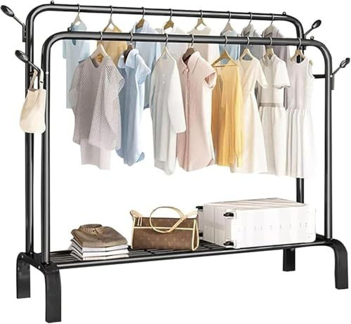 MY HOMIE Heavy Duty Clothes Rail - Sturdy Black Metal Rack with Double Hanging Rods, Shoe Rack Shelf, 4 coat hooks, Freestanding Wardrobe Rail for Bedroom, Shop - Black Clothing Rack (Without Wheels)