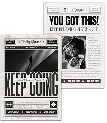 WBdesignz Newspaper Poster (30x40 cm) - 2er Posterset im Zeitungsstil Vintage Minimalistisch Motivation Sprüche Keep Going You Got This Schwarz Weiß
