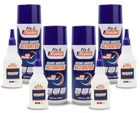 FIX & FUSION Set aus Sekundenkleber (100g) und Aktivatorspray (400ml) – Schneller Alleskleber für Holz, Kunststoff, Gummi, Metall & Keramik – Ideal für DIY, Reparaturen & Industrieanwendungen (4 Pack)