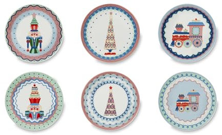 Excelsa Xmas Sweet Pastels Set 6 Piattini da Aperitivo, Porcellana, Diametro 15 Cm., Decoro Natalizio