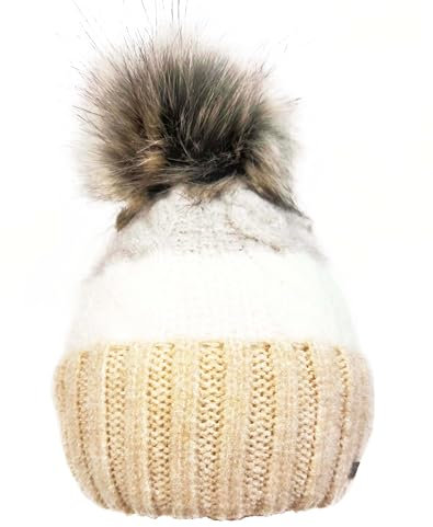 Faera Kunstfell Wintermütze 3-farbig mit Bommeln Strickmütze Bommelmütze Fleece gefütterte warme Mütze Wolle (DE/NL/SE/PL, Alphanumerisch, Einheitsgröße, Braun Weiß Grau)