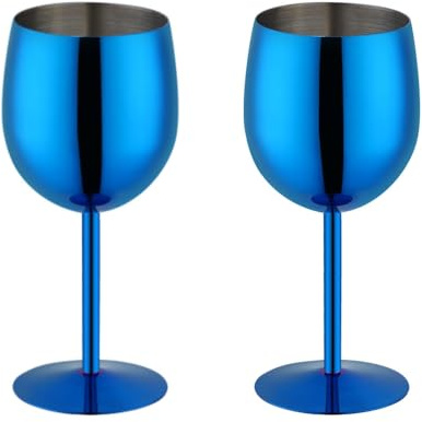 TEAHAHA Stainless Steel Wine Glasses Set of 2,350ml Fancy Unique Unbreakable Goblet Glass Set White Red Wine Stemmed Cocktail Glasses Metal Drink Champagne Goblet Party Wedding (Blue)
