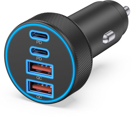 [4 in 1] USB C Car Charger, 4-Port 90W Super Fast Charging Cigarette Lighter Adapter, Dual 45W USBC & USB-A Multiport Car Phone Charger Accessories for iPhone 17 16 15 14 13 12, iPad, Galaxy, Tablet