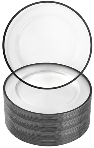 Goodluck 12 Inch Disposable Charger Plates Plastic, 100 Pack Plastic Clear Charger with Black Rim for Dinner, Wedding, Party