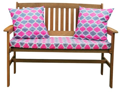 Vapinity Waterproof Garden Bench Cushion Set: 2-Seater Bench Pad for Garden Sofa & 2 Square Cushion, Pink-Grey Morocco Print, 108x45x6cm, Washable Covers, Replacement Seat Pads for Outdoor Furniture