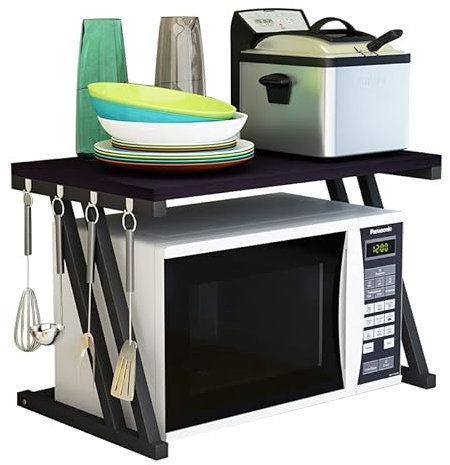 Supporto per forno a microonde con ganci, supporto per forno a microonde, ripiano per piano di lavoro, mensola in legno stabile (57 x 38 x 38 cm)