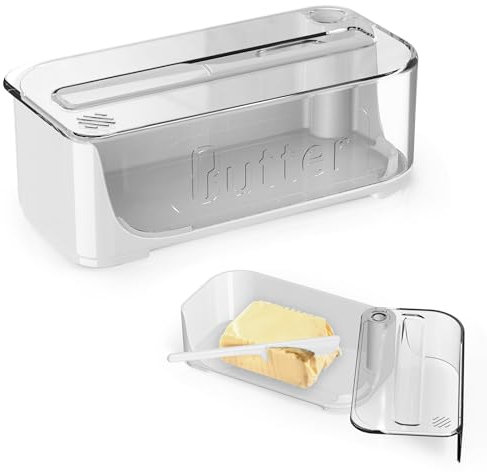Butter Dish Plástico, Mantequillera ABS con Tapa Sellada Cuchillo Integrado, Base Antideslizante - Ideal Nevera, Regalo para Amantes de la Cocina, Ideal para Mantequilla, Ghee y Snacks - Blanco