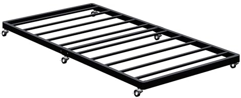 Lutown-Teen Twin Trundle Bed Frame with Metal Slats, Roll-Out Design, Easy Assembly Steel Frame with Lockable Wheels, Noiseless Pull Out Bed for Bedroom, Living Room or Guest Room, Black