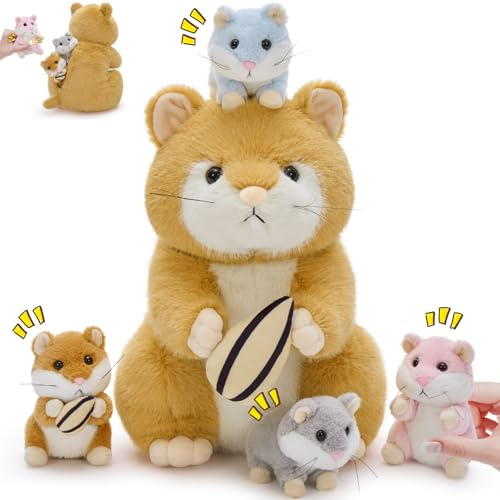 MorisMos 5 stücke Hamster Plüschtier Set, 32cm groß süß Hamster Kuscheltier XXL mit 4 Babys im Bauch, Geburtstag Weihnachten Geschenk für Mädchen Kinder