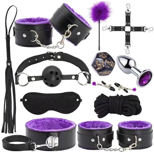 BDSM Bondage，Sex Ties, Cuoio Lucido Viola 12 Pezzi Regolabile Attrezzature Sportive Set, Elastica Morbida per la Pratica dello Yoga