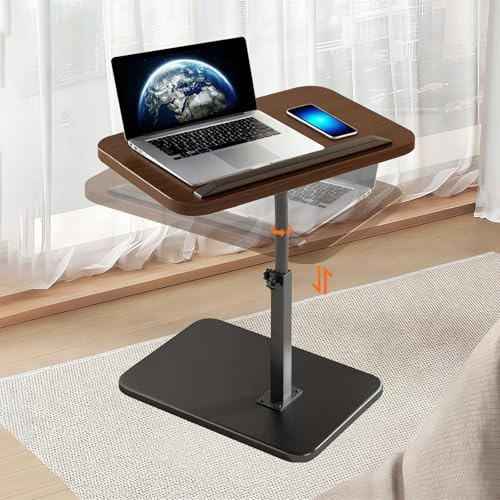 Beistelltisch C Form, 360° Rotierbarer/Höhenverstellbar/Flip Sofatisch, mit Handy-Tablet-Schienen Beistelltisch, Holz Kaffeetisch Laptoptisch für Schlafzimmer, Wohnzimmer, Büro (Walnussfarbe)