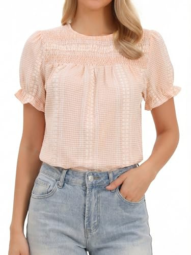 Allegra K Blusas de Cuadros para Mujer con Peplum con Mangas Cortas Abullonadas y Cuello Redondo Bonitas de Verano a Cuadros Rosa M
