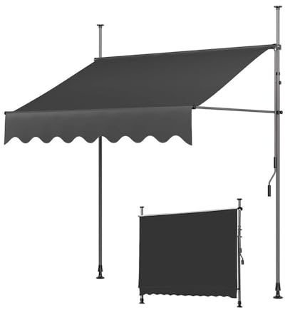 Infällbar uteplatsmarkis med handkran, fristående trädgårdsbaldakin för innergård, balkong och restaurang, inga hål krävs, grå, 150 x 120 x 200 – 300 cm