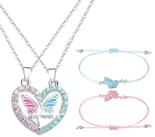 Zosutetoxo 2 Piece Friendship Necklace for 2 with Bracelets, Butterfly Design Adjustable Friendship Bracelets Gift Idea for Best Friend