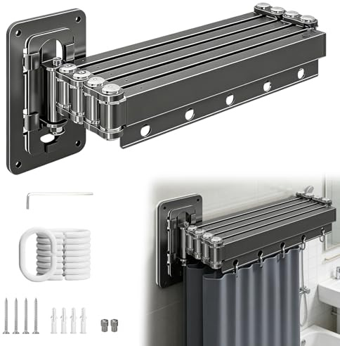 Hopfällbar duschdraperistång med sugkopp och duschdraperi (180 cm), 5-faldig hopfällbar, för hörndusch utan borrning, lätt och platsbesparande, aluminium, mögelbeständig