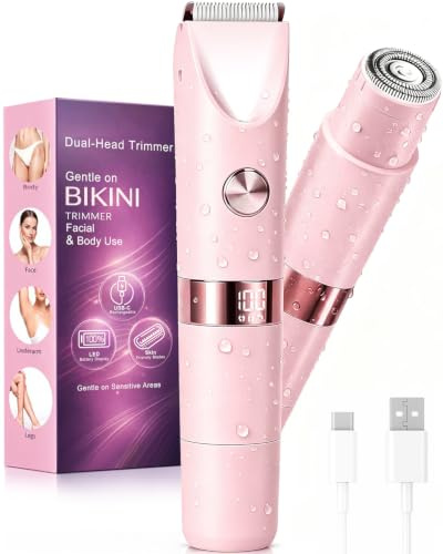 Bikini Trimmer Women Waterproof 2-in-1: Gentle Facial Hair Remover for Women, LED Display Electric Razors, Dual Head Lady Shavers with Smart Light, Travel Lock, Pubic Hair for Lip Underarm Body