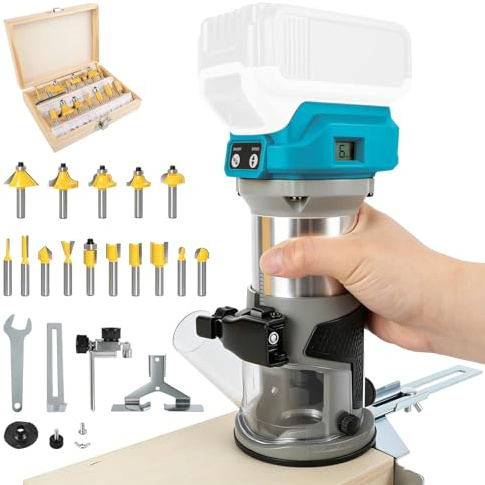 Défonceuse sans fil compacte pour Makita 18 V, 800 W, défonceuse sans balais avec 6 vitesses 30 000 tr/min avec 15 fraises de 1/4 (sans batterie)