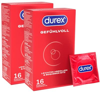 Durex Gefühlvoll Kondome – anatomische Easy-On-Form, mit viel Silikongleitgel, reguläre Passform 32 Kondome (2 x 16 Stück)