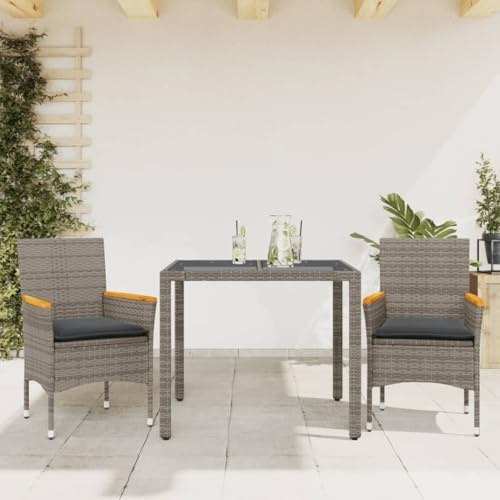sephironlbb 3-TLG Garten-Essgruppe mit Kissen Grau Poly Rattan und Glas, wetterfestes Gartenmöbel Set für Terrasse und Balkon, inklusive Tisch, Stuhl, Polyrattan, Sitzgruppe mit Polster