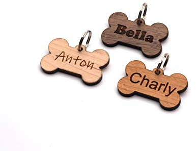 Hundemarke mit Gravur beidseitig inkl. Schlüsselring | Vollholz, Holz, Massivholz | Hundeknochen, Anhänger, Adressanhänger, Adressemarke, Personalisiert | Halsband (Kirschholz)