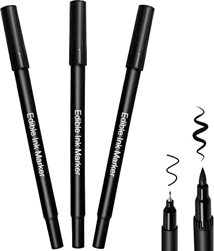 Fanika 3pcs Black Edible Markers - Double Sided with Extra Fine Tip (0.4mm) Thick Tip (0.7mm) Edible Pens, Double-sided Food Coloring Marker Pens for Decorating, Fondant, Baking, Food Grade