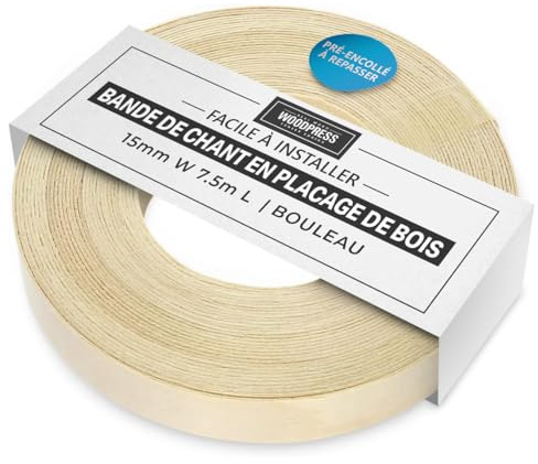 WoodPress® 15mm Bois de Bouleau Chant en placage bois préencollé 7,5 | Rouleau de chant en placage bois, colle thermofusible, pour réparation rapide des meubles, placards et étagères, pose au fer