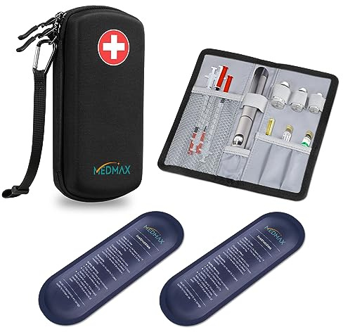 MEDMAX Borsa Termica per Insulina con 2 Impacchi di Ghiaccio, Rigido EVA Protettiva Custodia Medicinali Astuccio Organizzatore da Viaggio per Penne Insulina e altri Prodotti per Diabetici,