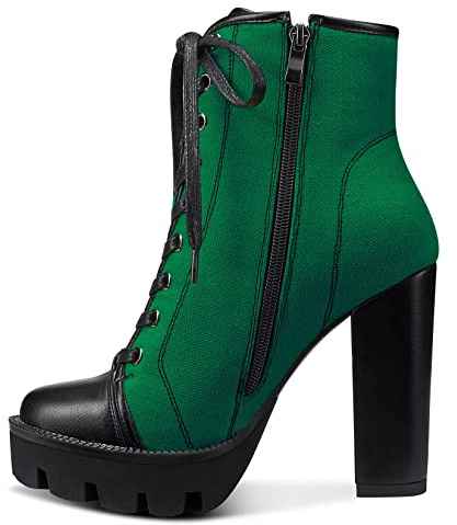 NobleOnly Mujer Alto High Heel Plataforma Redonda Punta Botines Cremallera Cordones Montar Botas Clásico Fiesta Oficina 13 CM Heels Verde 37 EU