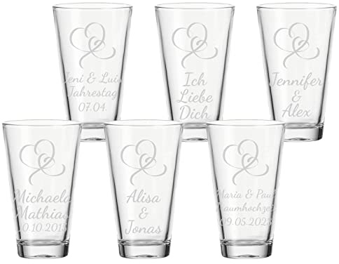 LUXENTU Trinkglas mit Gravur, Herzen geschwungen, 300 ml, 6 Stück | Personalisierte Softdrinkgläser für Hochzeiten, Hommage an die Liebe, Spülmaschinenfest
