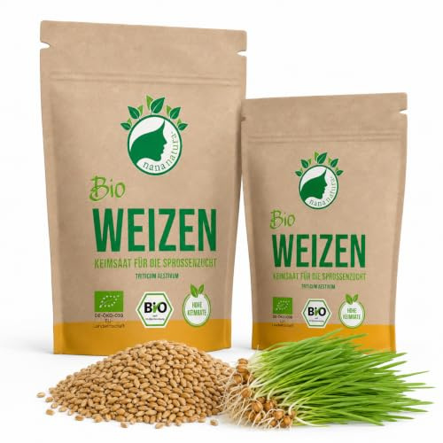 NanaNatura Bio Weizen Samen 180g – Keimsaat für Weizensprossen, Microgreens & Katzengras – für Sprossenglas und Keimschale – biologisch angebautes Saatgut aus Italien