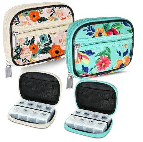 Serfeymi Weekly Travel Pill Organizer Pill Case for Purse with Removable 7 Day Pill Box, Fashionable Travel Medicine Organizer Pill Container for Medicine, Vitamin, Supplement - Bloom 01 + Green 01