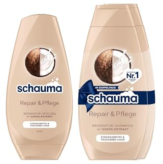 Schauma Shampoo Repair & Pflege 2er Pack (1x 2x400 ml) sorgt für Geschmeidigkeit, Reparatur-Shampoo für strapaziertes & trockenes Haar & Spülung (1x 250 ml) Haarspülung mit Kokos-Extrakt