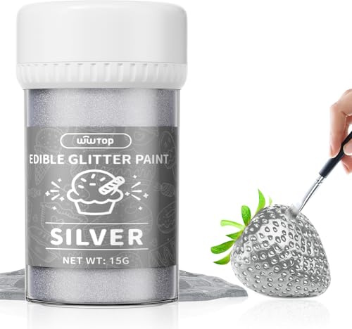 Wwtop Essbarer Glitzer Silver 15g, Flüssiges Essbares Glitzerpulver für Getränke -Verbesserte Metallisch Glitzer Paint für Fondant, Kuchen, Lebensmittel Glitzerpuder für Torten, Schokolade,Cocktails