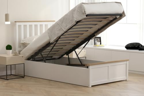 Comfy Living White Wooden Ottoman Gas Lift Storage Bed 3ft 4ft 4ft6 5ft (No Mattress, 3ft Single)
