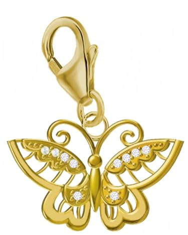 Goldene Hufeisen Zirkonia Schmetterling Charm-Anhänger 925 Silber Gelbgold vergoldet, Karabiner für Armbänder, Bettelarmbänder