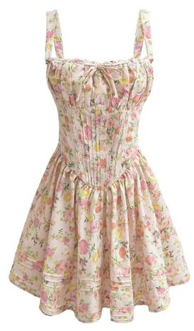 Taillierter Blumen-Hosenträgerrock, Sommer, neues, machendes, Plissiertes A-Linie-Kurzrockkleid-Foundation Floral-L