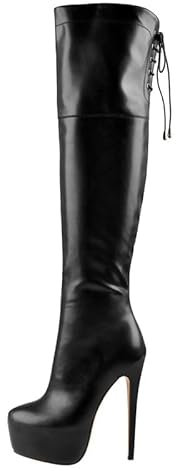 VERISSON Damen Plateau Stiefel Stiletto Overknee Boots mit Verstellbarer Schnürung Stiletto Absatz Glattoptik Schwarz 42 EU