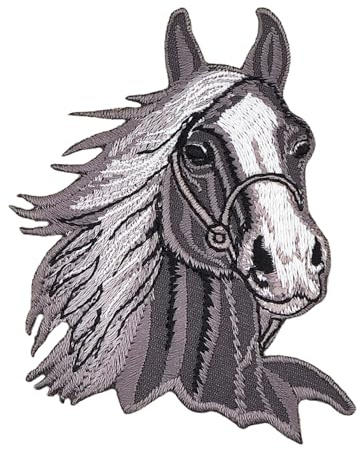 Pferd Kopf Grau Reiten Aufnäher zum aufbügeln oder aufnähen Bügelbild Aufbügler für Kleidung gestickter Bügelflicken Applikation Patch Größe 6,5 x 8,3 cm