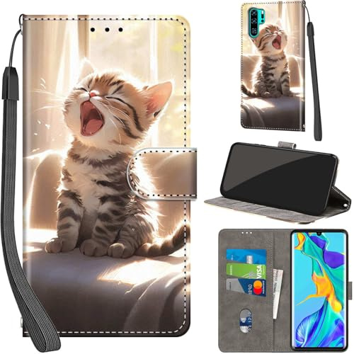 Handyhülle für Huawei P30 Pro Leder Wallet Tasche Katze