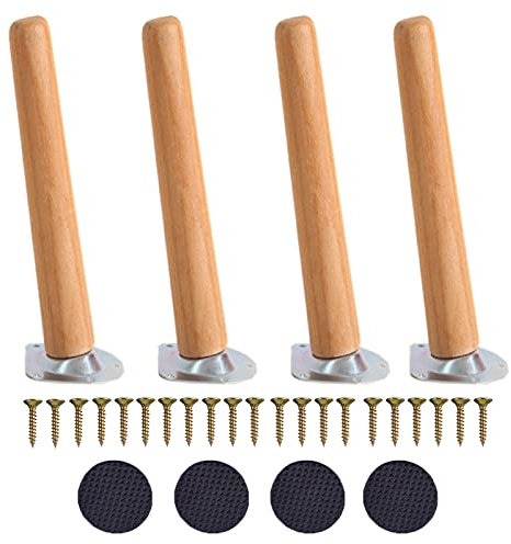 Set di 4 gambe per mobili in legno con ferramenta, gambe oblique, tappetini antiscivolo, piastre di montaggio, per divano, armadio, letto, gambe di ricambio, piedi in legno fai da te, 65 cm