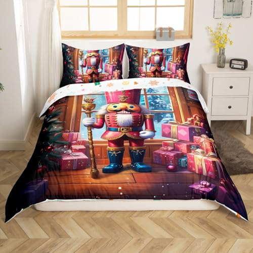 Loussiesd Kids Christmas Nutcracker Duvet Cover,Xmas Christmas Bedding Set Single Size for Boys Girls Bedroom Room Christmas Decor,Vintage Nutcracker Comforter Cover,Christmas Bedspread Cover
