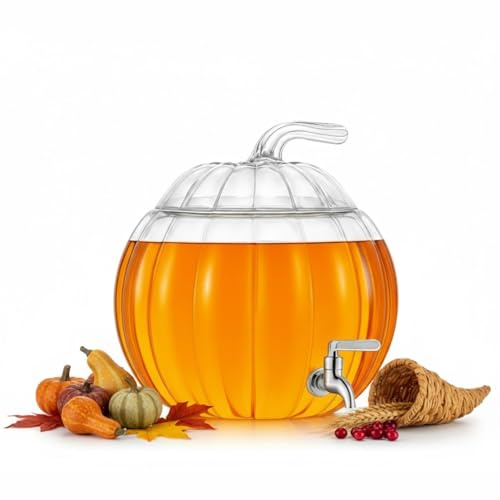 Khen Pumpkin Punch Bowl | 6000ml 10.6 x 10.6 | Large Capacity Glass Drink Dispenser with Spigot Clear Jar Beverage Server Party Container Cocktail Pitcher Durable Holiday Fall Thanksgiving Halloween