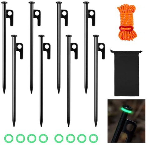 LangRay tältpinnar 8 stycken 20 cm långa jordspikar stabil med lysande ringar reflekterande rep, tältspik stål utomhus, markankare stormsäkert tält pinnar för camping utomhus vandring
