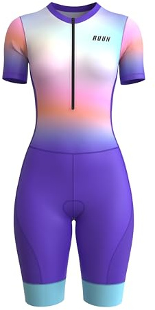 RUUN Traje de ciclismo para mujer, media manga con bolsillos, malla de triatlón, acolchado, con banda de fuerza y pinzas para las piernas, Morado (, Taille unique