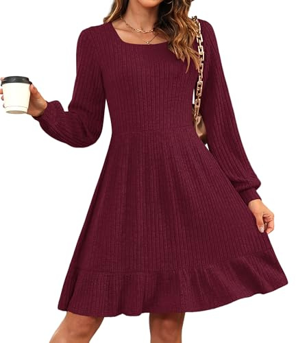 AUSELILY Jumper Dress for Women UK Autumn Winter Knitted Elegant Dress Long Sleeve Sweater Christmas Dresses Wine Red