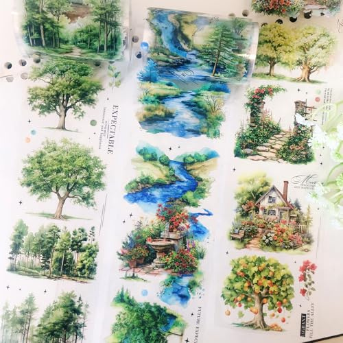 FyzendR Aesthetic Washi Tape Adesivo per Scrapbooking PET Stickers 3 Rotoli Accessori per Journaling Estetica Decorativa per Album di Ritagli, Diari Artigianato Fai da te Creatività (albero 2)
