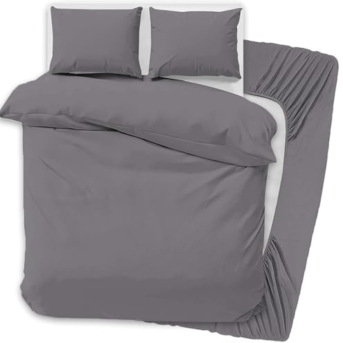 PRIME LINENS 4 Pcs Duvet Cover Set with Matching Fitted Sheet 30 cm Deep - Soft Breathable Premium Microfibre Quilt Cover Bedding Set (Silver/Grey, Double)